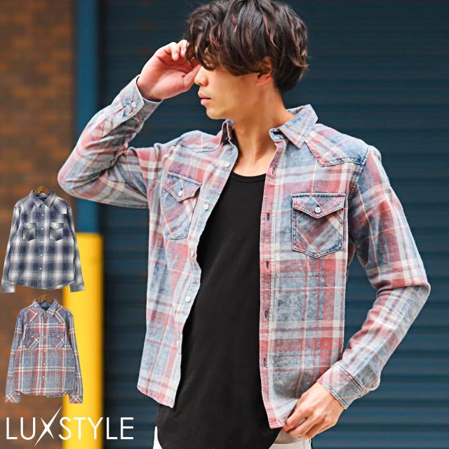 長袖シャツ・メンズ・チェック・ウエスタンシャツ・インディゴ・ポケット・メンズシャツ・チェックシャツ・ケミカルウォッシュ・色落ち・レギュラーカラー 1