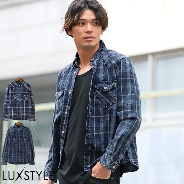 長袖シャツ・メンズ・チェック柄・長袖・インディゴ・総柄・メンズシャツ・チェックシャツ・ウエスタンシャツ・デニムシャツ・胸ポケット・アメカジ1