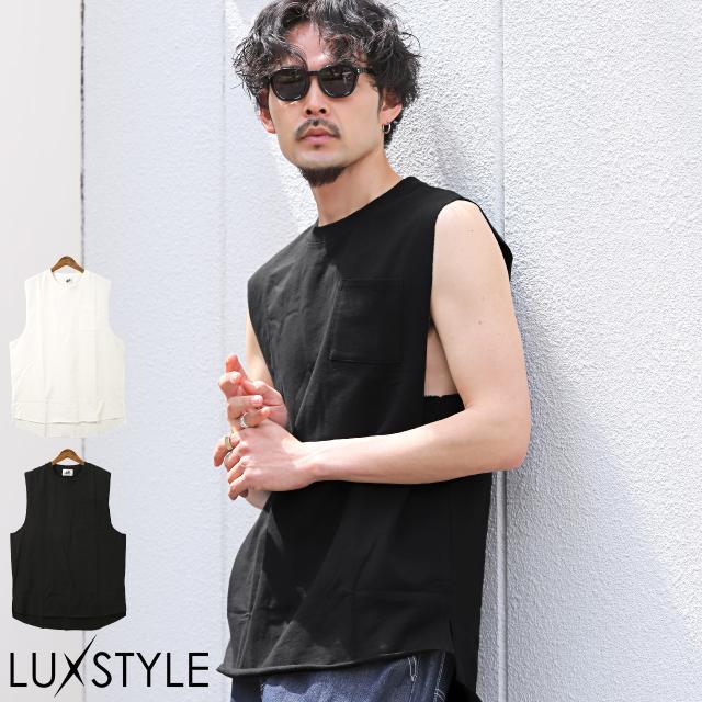 ミニ裏毛クルーネックノースリーブ・メンズノースリーブ・カットソー・トップス・袖なしTシャツ・オーバーサイズ・シンプル・ストリート 1