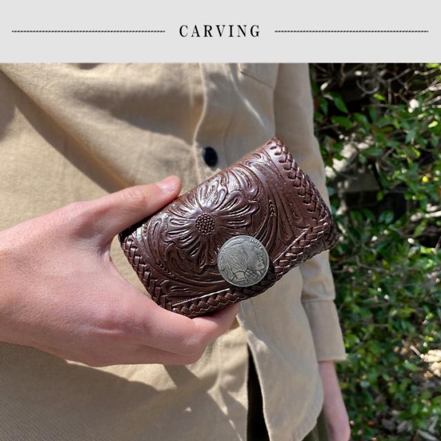 本牛革 サドルレザー フラワーカービング レザーコインケース コンチョ