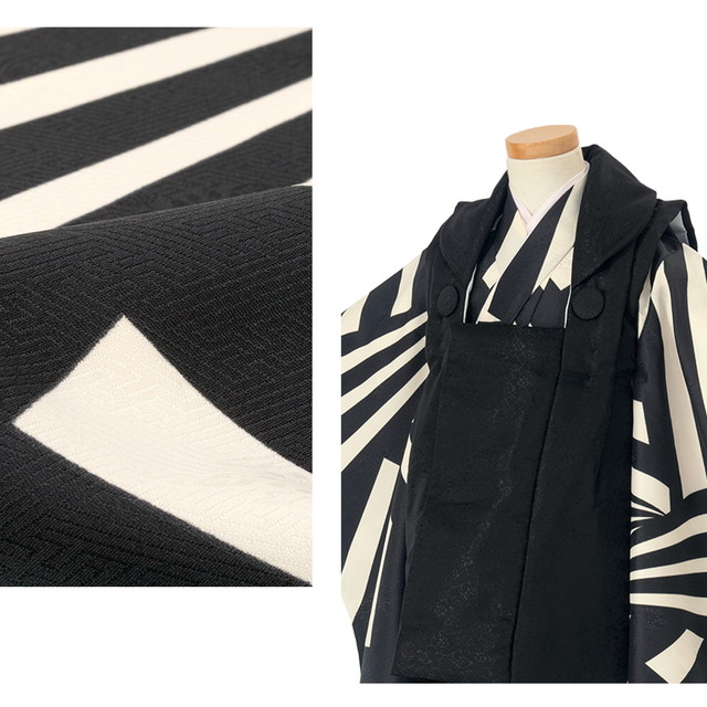 七五三 着物 3歳 販売 女の子 三歳 着物セット 被布セット 黒 白 幾何