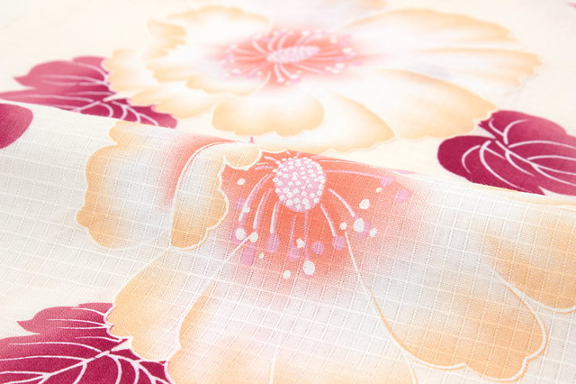 浴衣 レディース bonheur saisons ボヌールセゾン 白系 オフホワイト 赤 オレンジ 木芙蓉 花 綿 紅梅織り 夏祭り 花火大会 女性用 仕立て上がり 【フリーサイズ】 浴衣 レディース bonheur saisons ボヌールセゾン 白系 オフホワイト