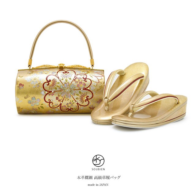 ⌘ビーズ刺繍ハンドバッグ⌘　高級感　着物　螺鈿　結婚式　ゴールド　金古美