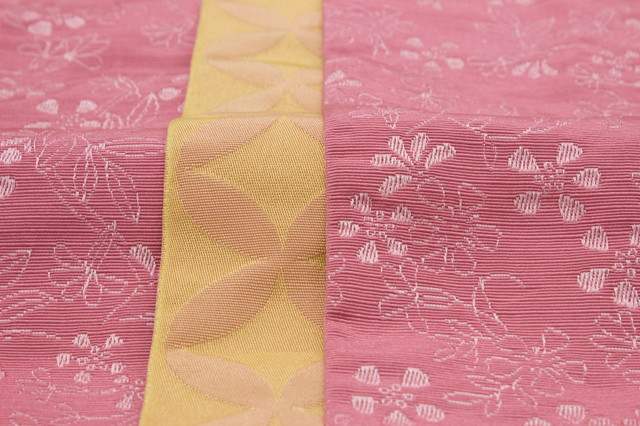 半幅帯 ブランド Mai Shiraishi ピンク 黄色 イエロー 花唐草 七宝