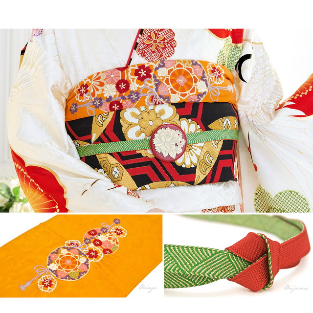 振袖セット 白系 ホワイト 赤 金色 梅 うめ 花 鶴 絵羽柄 正絹 日本の