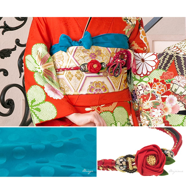 振袖セット 赤系 レッド 金色 桜 梅 花 よろけ縞 雲取り 絵羽柄 正絹