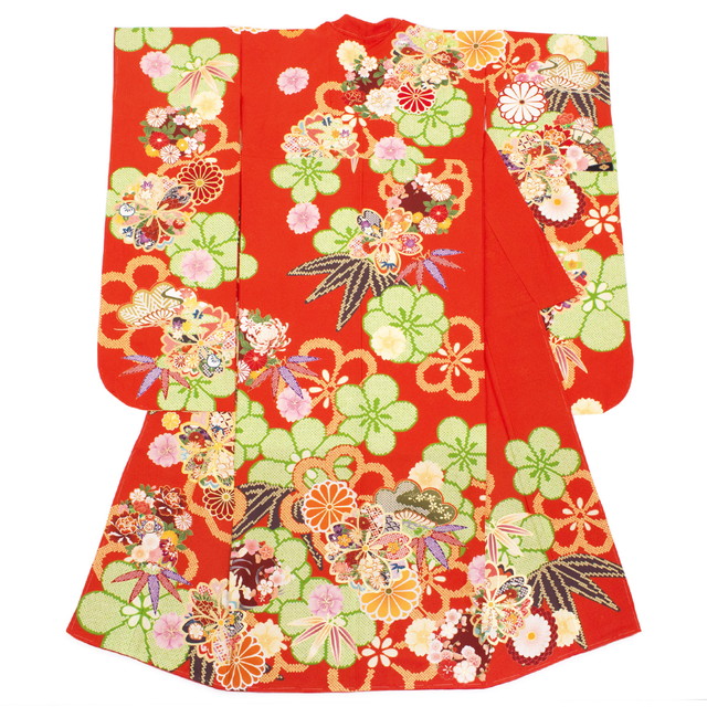 振袖セット 赤系 レッド 金色 桜 梅 花 よろけ縞 雲取り 絵羽柄 正絹