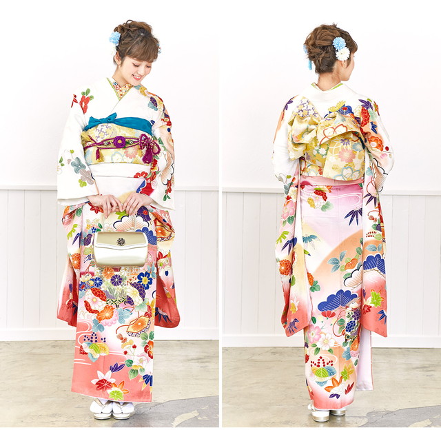 振袖セット 白系 ホワイト ピンク 松竹梅 菊 貝桶 桐 花 絵羽柄 正絹