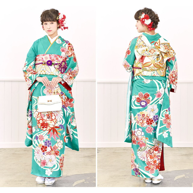振袖セット 青緑 ブルーグリーン 牡丹 桜 梅 流水 笹 絵羽柄