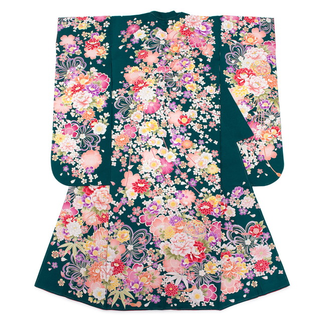 振袖セット 深緑色 ダークグリーン 桜 梅 笹 菊 雲取り 絵羽柄 絹 西陣織 パールトーン加工 振り袖 ふりそで 着物セット 仕立て上がり 成人式 結婚式 販売 振袖セット 深緑色 ダークグリーン 桜 梅 笹 菊 雲取り 絵羽柄 絹