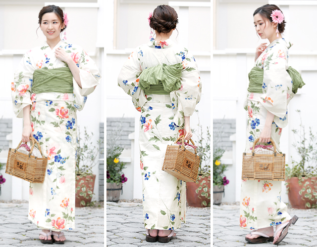 浴衣セット レディース レトロ 浴衣セット 大人 3点セット 白系 ホワイト 青 ピンク 緑 花芙蓉 ラメ 綿麻 手捺染 手縫い 兵児帯 女性 ボヌールセゾン フリー 浴衣セット レディース レトロ 浴衣セット 大人 3点セット 白系
