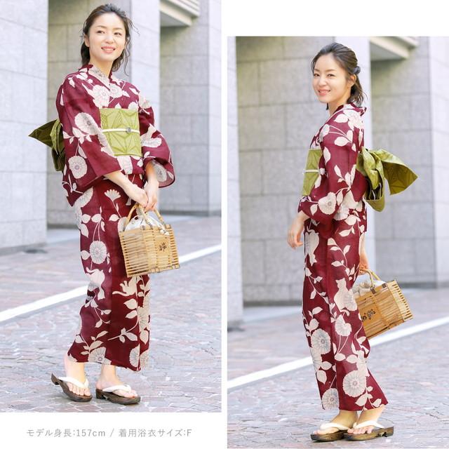 即納【レディース浴衣3点セット】浴衣セット/レディース/濃赤/生成色/菊/花/猫/ネコ/綿麻/女性/マクレ/ボヌールセゾン/フリー/大人/送料無料 即納【レディース浴衣3点セット】浴衣セット/レディース/濃赤/生成色