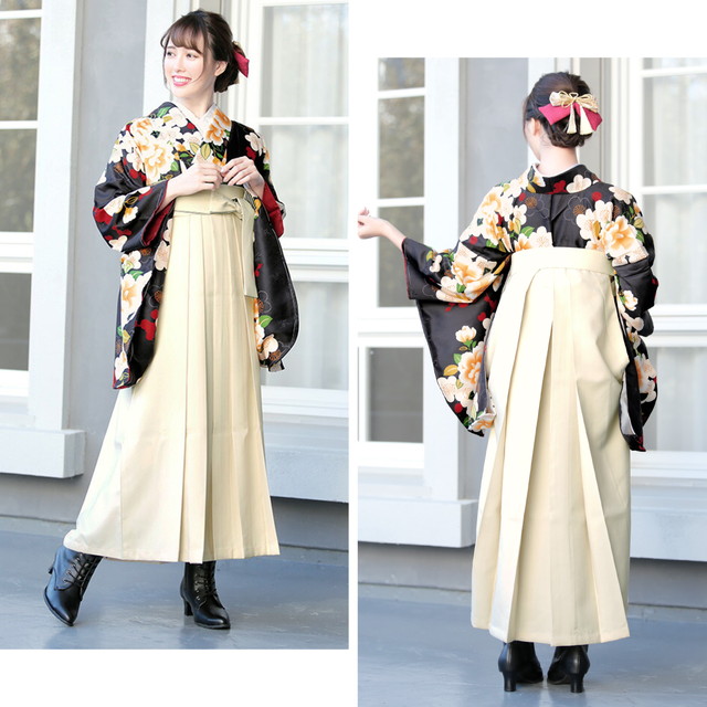 袴セット レディース 卒業式 小学生 大学生 bonheur saisons（ボヌールセゾン） 黒 ブラック アイボリー 椿 梅 花 菊紗綾形 レトロモダン 小紋柄 着物セット 仕立て上がり 女性 購入 袴セット レディース 卒業式 小学生 大学生 bonheur saisons（ボヌール