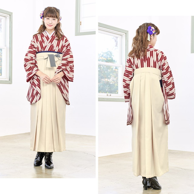 袴セット レディース 卒業式 小学生 大学生 赤系 レッド アイボリー 矢羽根縞 ストライプ レトロモダン 着物セット 仕立て上がり 女性 購入 hmset0402ok-3836_2.jpg