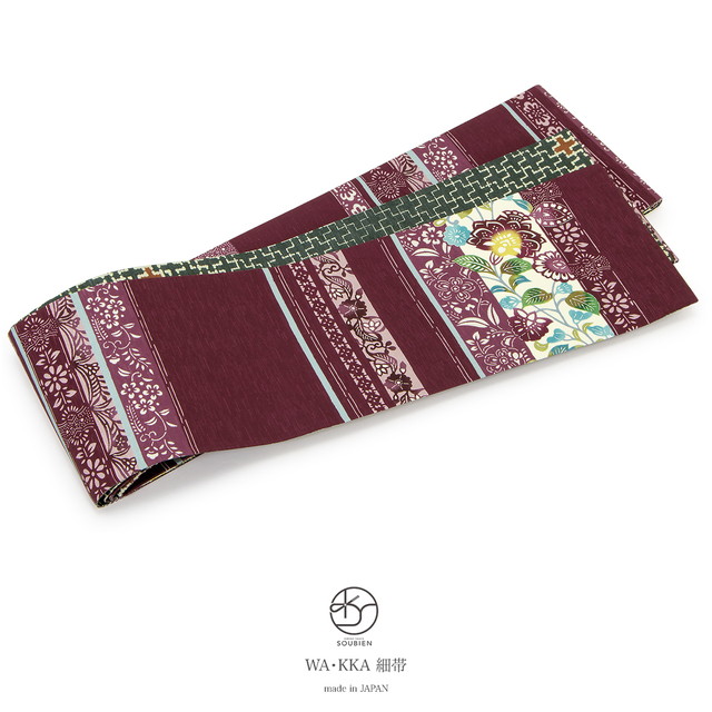 半幅帯 正絹 リバーシブル WA・KKA 赤紫 ワイン 緑 花唐草 更紗 オリエンタルアロマ 十字繋ぎ 両面 浴衣 夏 カジュアル 女性用 レディース 細帯 半巾帯 仕立て上がり 送料無料 hobi2157w-4351_1.jpg