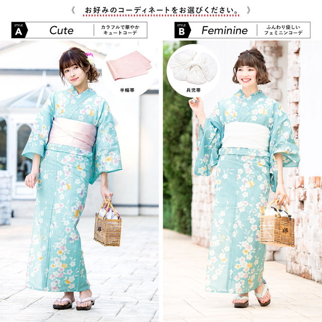 浴衣セット レディース 浴衣セット 作り帯 大人 3点セット（浴衣/帯/下駄） bonheur saisons ボヌールセゾン 水色 ライトブルー 薄ピンク 桜 さくら 花 綿麻 夏 花火大会 浴衣セット レディース 浴衣セット 作り帯 大人 3点セット（浴衣/帯