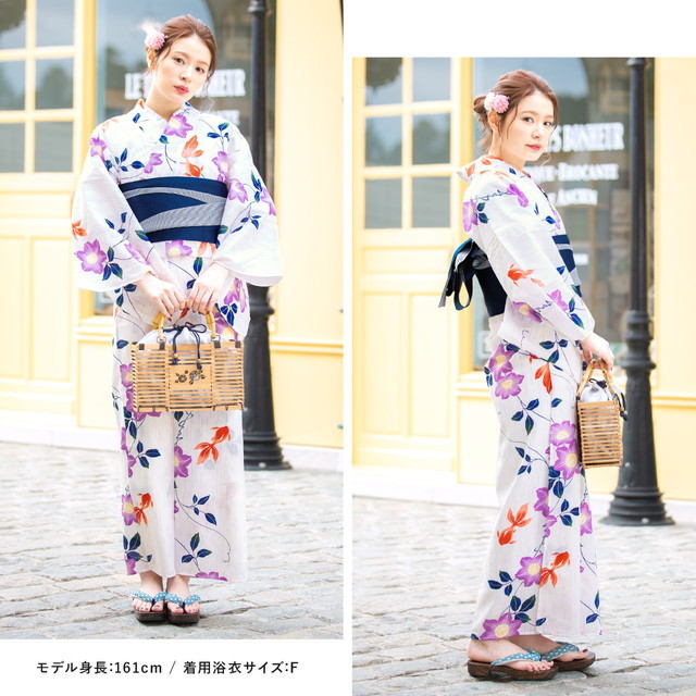 浴衣セット レディース 浴衣セット 作り帯 大人 3点セット（浴衣/帯/下駄） bonheur saisons ボヌールセゾン 白系 アイボリー 紫 紺 鉄線花 クレマチス 金魚 雨縞 綿 夏 花火大会 浴衣セット レディース 浴衣セット 作り帯 大人 3点セット（浴衣/帯