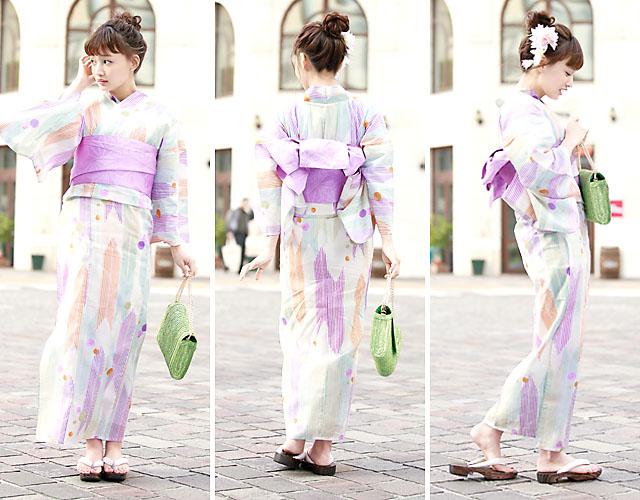 浴衣セット レディース レトロ 浴衣セット 大人 3点セット 白系 ホワイト カラフル オレンジ 紫 水色 矢羽根 縞 水玉 ラメ 綿 紅梅織 半幅帯 女性 ボヌールセゾン フリー 浴衣セット レディース レトロ 浴衣セット 大人 3点セット 白系