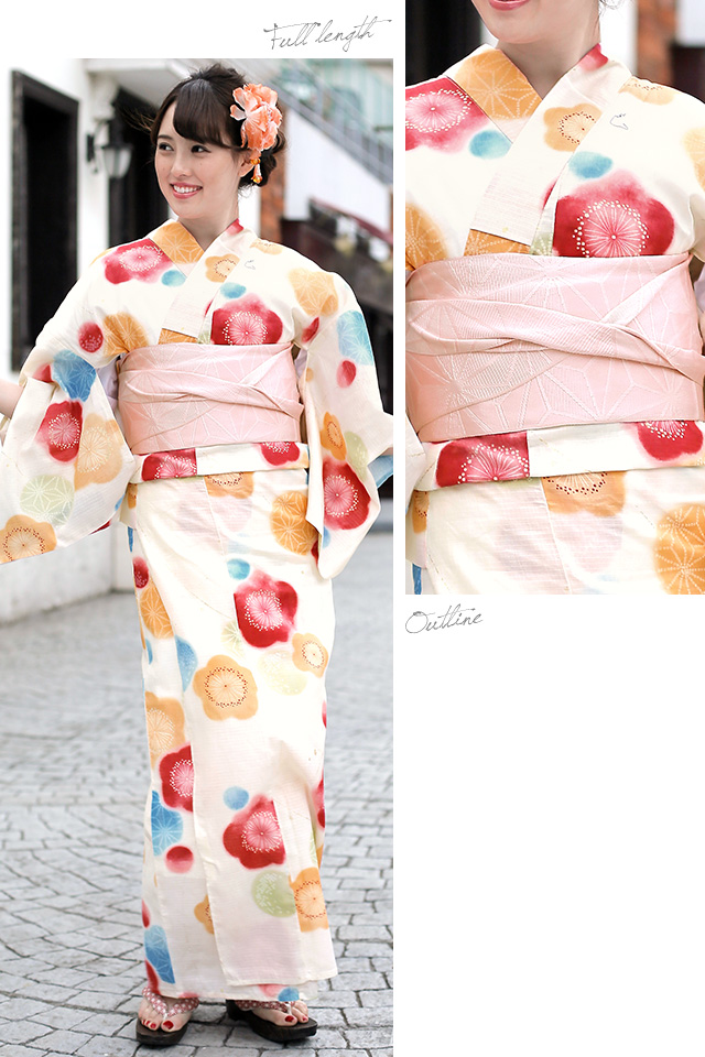 浴衣セット レディース レトロ 浴衣セット 大人 3点セット 白系 ホワイト クリーム カラフル ピンク 梅 花 麻の葉 ぼかし ラメ 綿 紅梅織 半幅帯 女性 ボヌールセゾン フリー 浴衣セット レディース レトロ 浴衣セット 大人 3点セット 白系