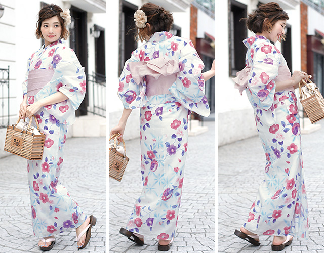 浴衣セット レディース レトロ 浴衣セット 大人 3点セット 白系