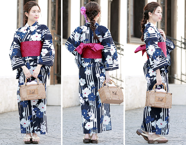 浴衣セット レディース レトロ 浴衣セット 大人 3点セット 紺系