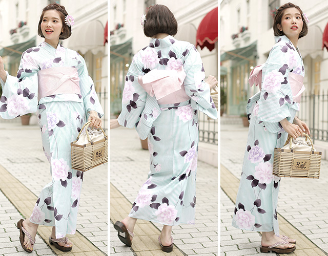 浴衣セット レディース レトロ 浴衣セット 大人 3点セット 水色 ブルー