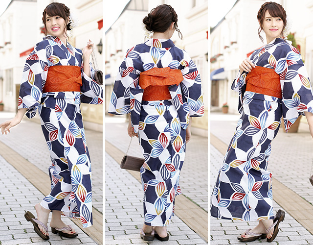 レトロ　レディース　浴衣セット　身丈154cm　ネイビー　花柄　半幅帯　オレンジ n1-brand1102ok_a.jpg