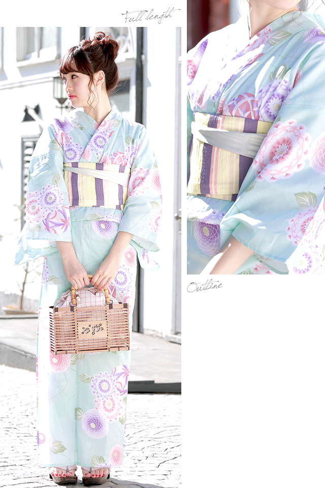 浴衣セット レディース レトロ 浴衣セット 大人 3点セット 水色 ブルー 紫系 ダリア ピンポンマム 花 手鞠 流水 ラメ 綿 半幅帯 女性 ボヌールセゾン フリー 浴衣セット レディース レトロ 浴衣セット 大人 3点セット 水色 ブルー
