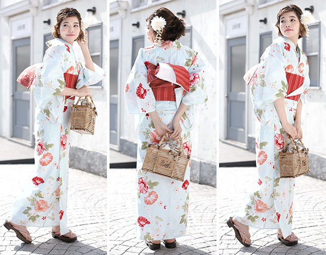浴衣セット レディース レトロ 浴衣セット 大人 3点セット 水色 ブルー