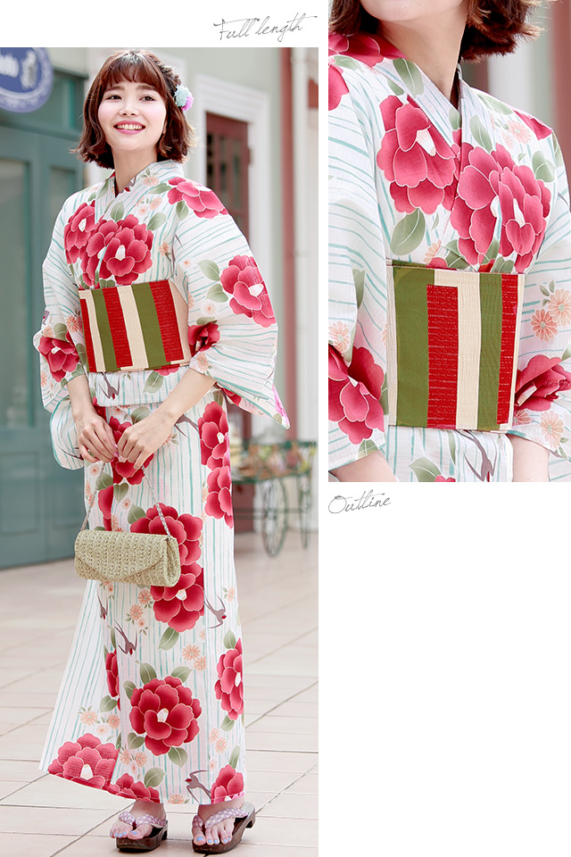 浴衣セット レディース レトロ 浴衣セット 大人 3点セット 白系 ホワイト 赤 レッド 黄色 椿 菊 つばめ 燕 雨縞 ラメ 綿 紅梅織 兵児帯 女性 ボヌールセゾン フリー 浴衣セット レディース レトロ 浴衣セット 大人 3点セット 白系