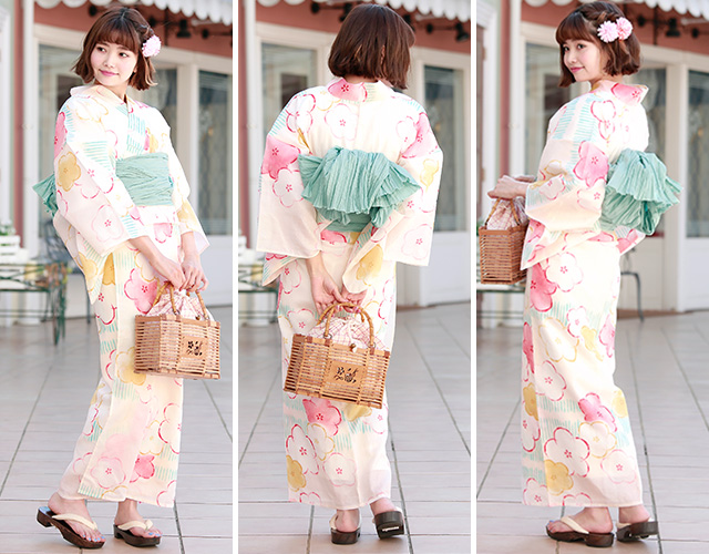 浴衣セット レディース レトロ 浴衣セット 大人 3点セット クリーム 黄色系 ピンク 梅 うめ 花 雨縞 ラメ 綿 紅梅織 兵児帯 女性 ボヌールセゾン フリー 浴衣セット レディース レトロ 浴衣セット 大人 3点セット クリーム