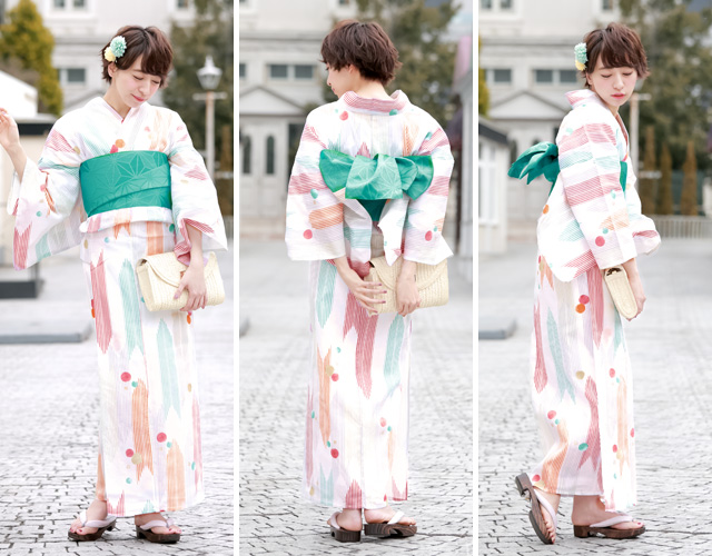 浴衣セット レディース レトロ 作り帯 浴衣セット 大人 3点セット 白系 ホワイト カラフル 緑系 矢羽根 縞 水玉 ラメ 綿 紅梅織 女性 ボヌールセゾン フリー n9-brand1032ok_f.jpg