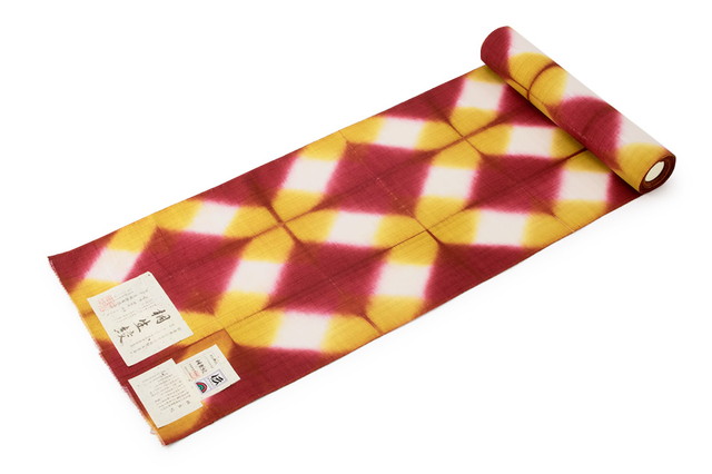 未仕立て】名古屋帯 赤 レッド 黄色 イエロー 菱 ぼかし