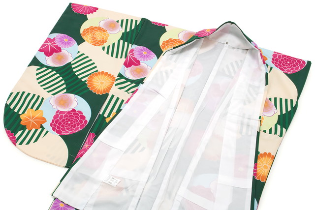 袴用二尺袖着物 ブランド bonheur saisons（ボヌールセゾン） 緑 グリーン 薄橙色 菊 梅 紅葉 重ね丸 縞 菊紗綾形 レトロモダン 小振袖 卒業式 女性 レディース 仕立て上がり 袴用二尺袖着物 ブランド bonheur saisons（ボヌールセゾン） 緑