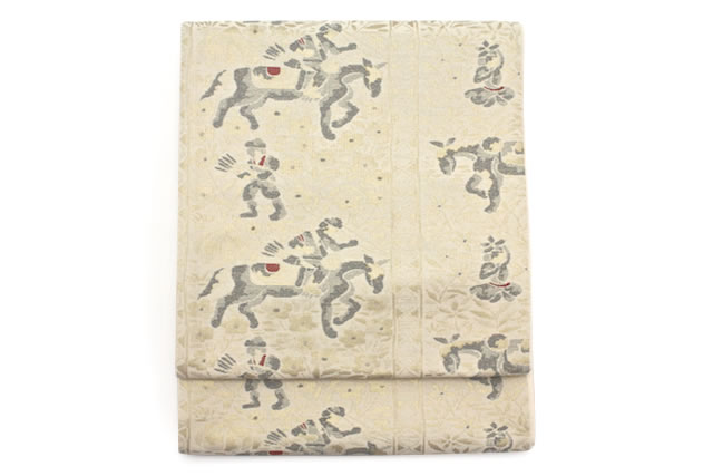 袋帯 未仕立て 黒 馬 草花 京都西陣織 絹 焼箔紬 佐々木染織 証紙NO2219