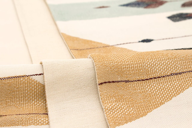 【未仕立て】 袋帯 白 アイボリー 薄緑 薄茶色 ベージュ 花 植物 変わり縞 正絹 三幸織物 徳田佳考 京都西陣織 1403 おしゃれ袋帯 紬の帯 六通柄 カジュアル 日本製 未仕立て】 袋帯 白 アイボリー 薄緑 薄茶色 ベージュ 花 植物 変わり