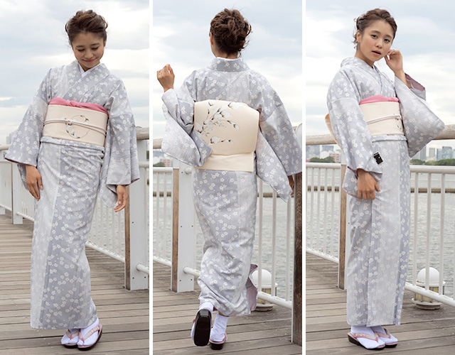 洗える着物 袷 着物 洗える プレタ着物 小紋 青 桜 縞 創美苑オリジナルきもの 染め縮緬 通し裏 仕立て上がり【Mサイズ】【Lサイズ】【送料無料】 レディース 洗える着物 袷 着物 洗える プレタ着物 小紋 青 桜 縞 創美苑