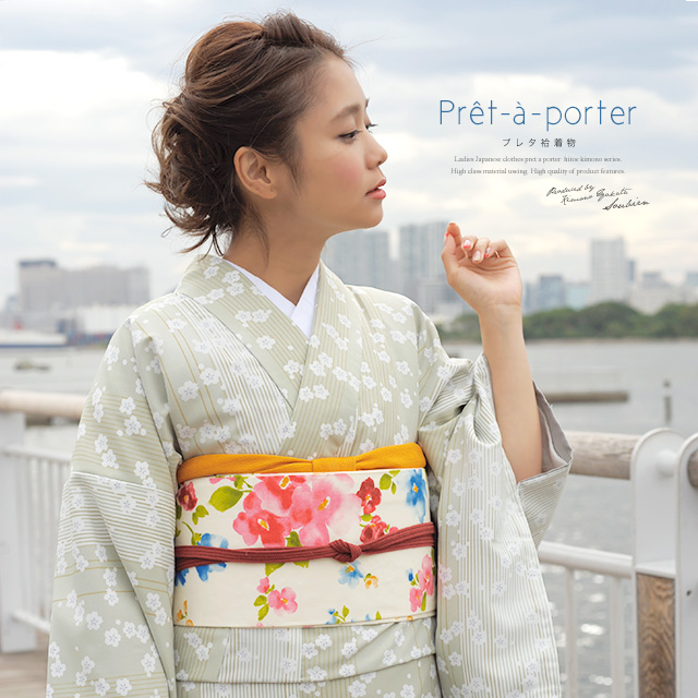 洗える着物 袷 着物 洗える プレタ着物 小紋 黄緑 桜 縞 創美苑オリジナルきもの 染め縮緬 通し裏 仕立て上がり【Mサイズ】【Lサイズ】【送料無料】 レディース 洗える着物 袷 着物 洗える プレタ着物 小紋 黄緑 桜 縞 創美苑