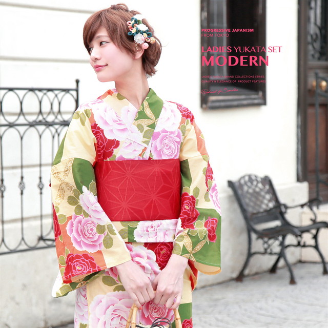 浴衣セット レディース レトロ 浴衣セット 大人 3点セット 緑 グリーン