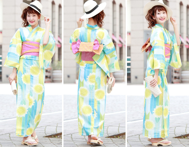 浴衣セット レディース レトロ 浴衣セット 大人 3点セット 水色 ブルー