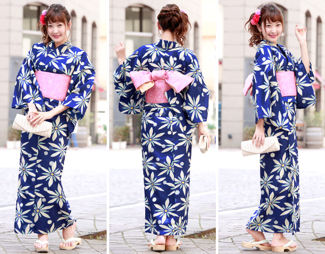 浴衣セット レディース レトロ 浴衣セット 大人 3点セット 紺系 ネイビー ピンク系 鉄線 クレマチス 水玉 ドット TEIJIN テイジンテトロン 半幅帯 女性 乃木坂46 白石麻衣 浴衣セット レディース レトロ 浴衣セット 大人 3点セット 紺系