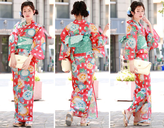浴衣セット レディース レトロ 浴衣セット 大人 3点セット 赤 レッド 緑 朝顔 あさがお 格子 TEIJIN テイジンテトロン 半幅帯 女性 乃木坂46 白石麻衣 浴衣セット レディース レトロ 浴衣セット 大人 3点セット 赤 レッド
