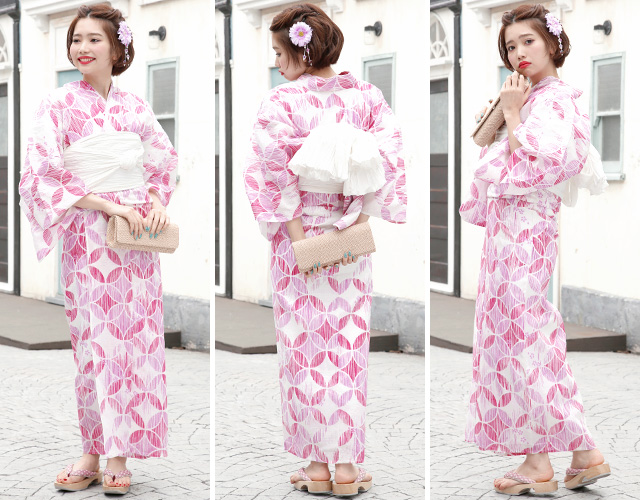 浴衣セット レディース レトロ 浴衣セット 大人 3点セット ピンク 白