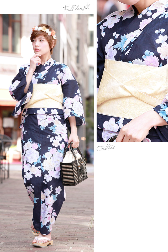 浴衣セット レディース レトロ 浴衣セット 大人 3点セット 紺系