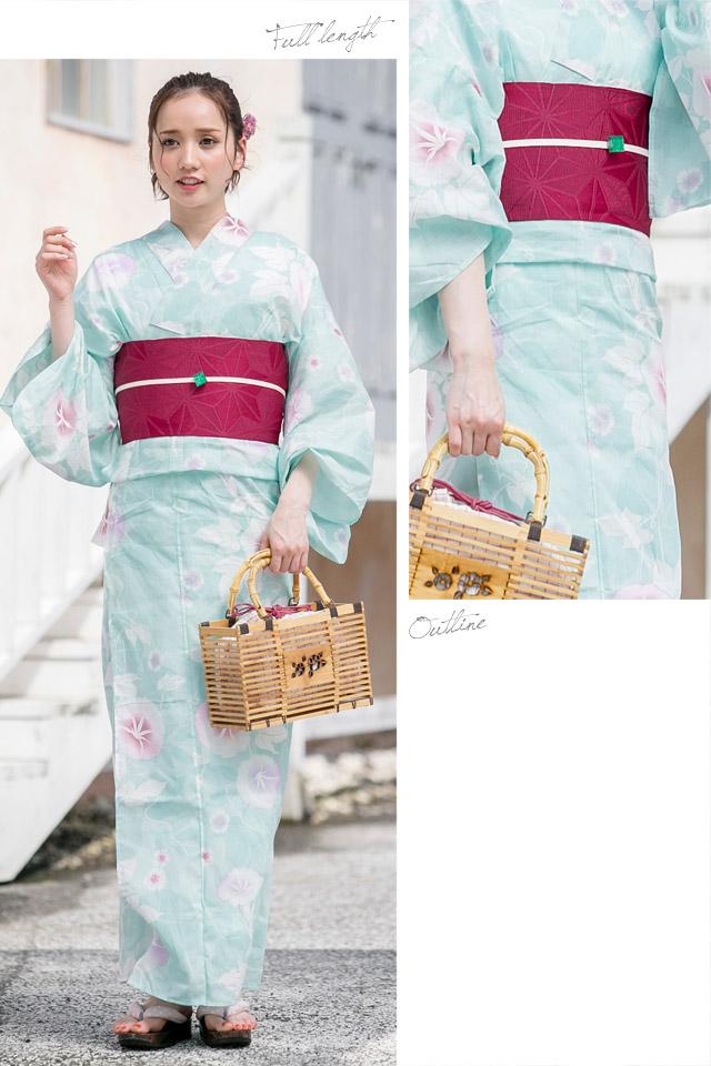浴衣セット レディース レトロ 浴衣セット 大人 3点セット 緑系 グリーン 紫 朝顔 あさがお 花 ラメ 綿麻 半幅帯 女性 ボヌールセゾン 浴衣セット レディース レトロ 浴衣セット 大人 3点セット 緑系