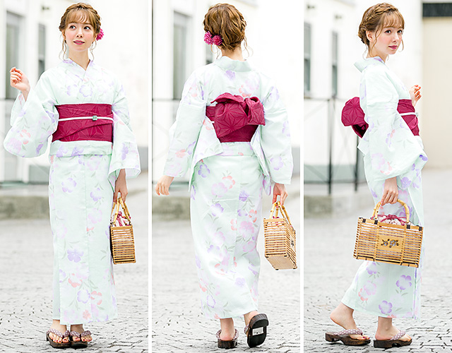 浴衣セット レディース レトロ 浴衣セット 大人 3点セット 水色 ブルー