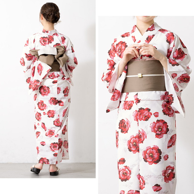 レディース　浴衣セット　身丈161cm　花柄　山吹色　グレー　半幅帯　赤　手縫い レディース 浴衣セット 身丈161cm 花柄 山吹色 グレー 半幅帯 赤