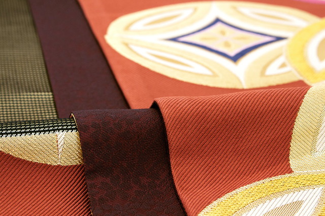 袋帯 訳あり 未仕立て 赤茶色 ブラウン 薄黄色 七宝 六通柄 正絹 京都