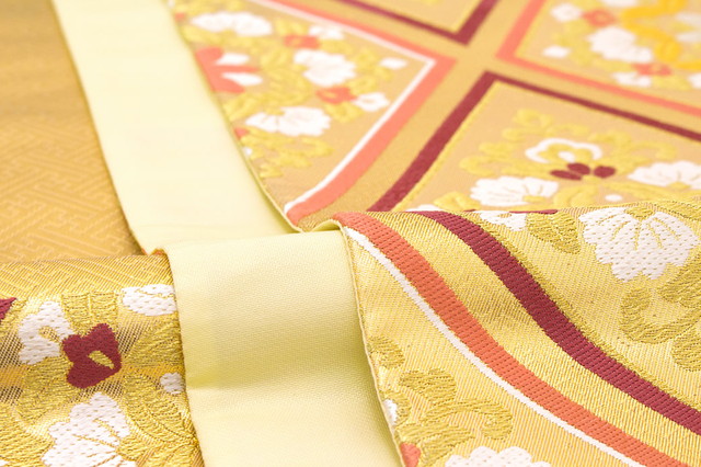 袋帯 訳あり 未仕立て 濃茶色 ブラウン 金色 ゴールド 唐花菱 二重襷 絹 京都西陣織 2547 さくら工房 六通柄 成人式 振袖向き フォーマル 日本製 袋帯 訳あり 未仕立て 金色 ゴールド ピンク 唐花菱 二重襷 絹 京都