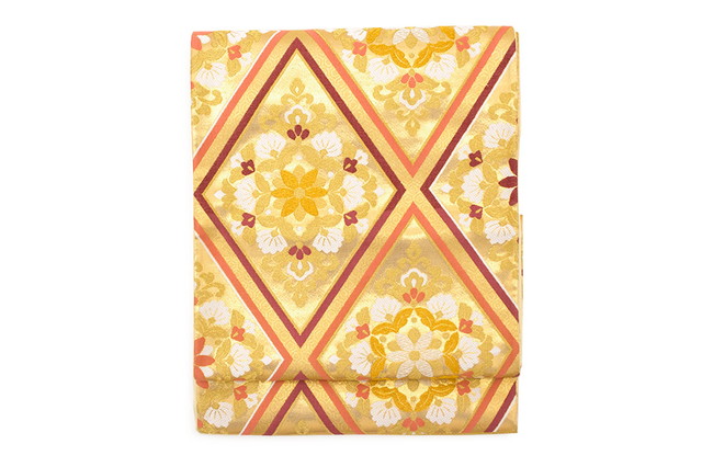 袋帯 訳あり 未仕立て 金色 ゴールド ピンク 唐花菱 二重襷 絹 京都